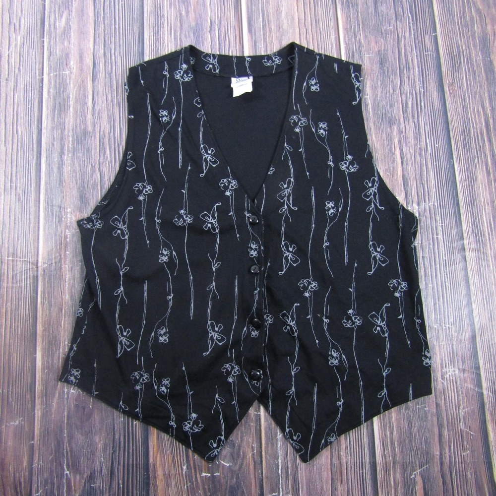 WEEKENDERS‎ Vest Womens XL Black V Neck Sleeveless Floral Button Granny Core